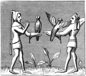 Falconieri che vestono i loro uccelli, XIV secolo