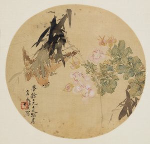 Dipinto su ventaglio - Fiore e Uccello, XIX secolo 1801-1900