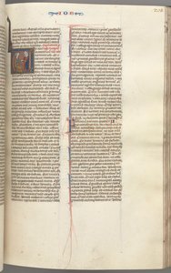 Fol. 205r, Giobbe, iniziale istoriata V, Giobbe sul letamaio con un orecchino d