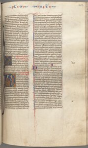 Fol. 251 r, Saggezza, iniziale istoriata D, Salomone che istruisce un soldato, c. 1275-1300