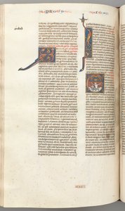 Fol. 357v, Giona, iniziale istoriata E, Giona inghiottito dalla balena, una città murata sopra, c. 1275