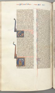 Fol. 358v, Michea, iniziale istoriata V, Michea in ginocchio, busto di Dio sopra, c. 1275-1300