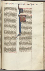 Fol. 452r, Filippesi, iniziale istoriata P, Paolo in piedi con una spada e un rotolo, che parla a t da Unbekannt