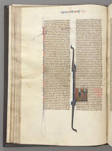 Fol. 46v, Numeri, lettera istoriata L, Mosè con corna, inginocchiato davanti a Dio