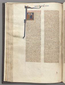 Fol. 62v, Deuteronomio, iniziale istoriata H, Mosè con corna e pergamena che predica..., c. 1275-1300