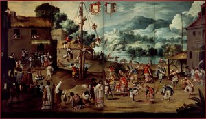 Paravento pieghevole con matrimonio indigeno e palo volante (Biombo con desposorio indígena y palo volador) da Unbekannt