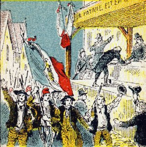 Rivoluzione francese: i corollari volontari dei rivoluzionari. Incisione in "Histoire de France". Serie di immagini pubblicitarie pubblicate per conto di Louit, 24 rue d