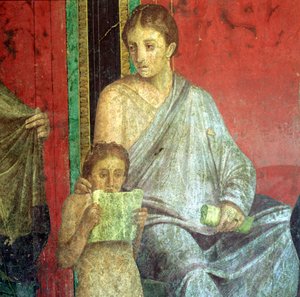 Dettaglio di affresco, giovane ragazza che legge, I secolo a.C.