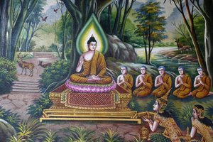 Affresco che raffigura il Buddha con seguaci nel Wat Chiang Mun, Chiang Mai. Thailandia