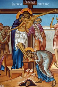 Affresco nella chiesa della Santa Croce, Pedoulas. Lamento intorno a Gesù Cristo sulla croce, 20150510, Pedoulas, Cipro