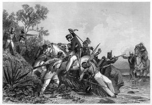 Ufficiali britannici fuggitivi e le loro famiglie attaccati dai ribelli, 1857, c1860 da Unbekannt