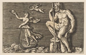 Galatea che sfugge a Polifemo, seduto su una roccia con un bastone e flauti da Unbekannt
