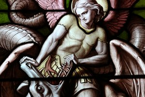 Basilica di Nostra Signora di Ginevra. Vetrata. Angelo che combatte Satana come un drago. da Unbekannt