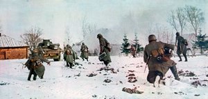 Fanteria tedesca che segue un carro armato verso Mosca nella neve, Russia, 1941 da Unbekannt