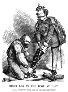 Giuseppe Garibaldi aiuta Vittorio Emanuele II a indossare lo stivale d