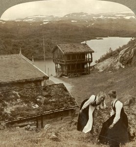 Pettegolezzi in una locanda di Botten, con vista sul lago Voxli - vista verso le montagne di Haukeli, Norvegia