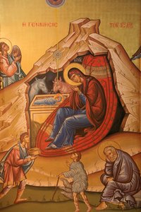 Icona ortodossa greca che raffigura la nascita di Cristo, Salonicco, Grecia