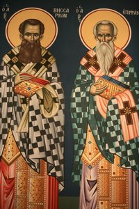 Icona ortodossa greca che raffigura San Vissarion e San Epifanio, Salonicco, Grecia