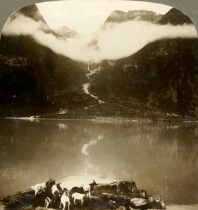 Ghiacciaio Grytereids che brilla sopra le nuvole fluttuanti, sopra il placido Lago Olden, Norvegia, c1905 da Unbekannt