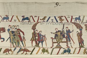 Harold e il Conte Guy di Ponthieu parlano insieme a Beaurain, Arazzo di Bayeux da Unbekannt