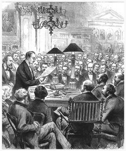Heinrich Schliemann che tiene una conferenza a Londra
