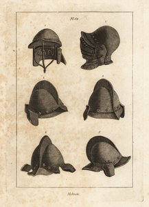 Elmo con visiera apribile verso il basso nella Torre di Londra 1, elmo a doppia barra 2, e salet con oreillets o copriorecchie 3-6 da Unbekannt