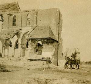 Cavalli che pascolano vicino a una chiesa in rovina, Frise, Francia settentrionale da Unbekannt