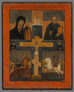Icona - Crocifissione con la Madonna di Kazan, San Nicola, San Giorgio e Dimitrij da Unbekannt