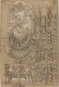 Soffitto illusionistico con pergolato di uva, figure su gallerie e un centro..., c. 1570-1580 da Unbekannt