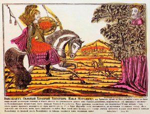 Ilya Muromets e Usignolo il Ladro, stampa Lubok da Unbekannt