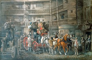 Cortile della locanda con diligenza in partenza, c1840 da Unbekannt