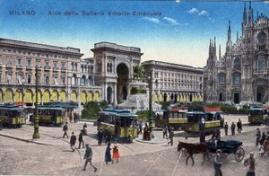 Italia, Milano: tram in Piazza del Duomo e Arco di Trionfo tra la Galleria Vittorio Emanuele - Cartolina fine XIX-XX secolo da Unbekannt