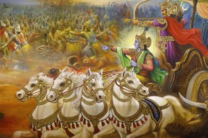 Tempio hindu Jalaram Prathna, Leicester. Affresco. Krishna il cocchiere che guida Arjuna nella battaglia di Kurukshetra. Regno Unito