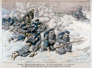 Attacco giapponese a un treno ospedale vicino a Port Arthur, Manciuria, Guerra russo-giapponese, 1904