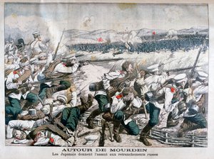 Truppe giapponesi che attaccano trincee russe, Mukden, Manciuria, ottobre 1904 da Unbekannt