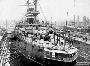 Nave da guerra giapponese Mikasa ai moli di Portsmouth, Inghilterra
