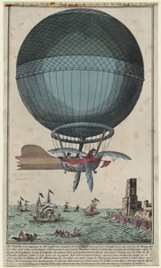 Jean Pierre Blanchard e John Jefferies arrivano a Calais dopo aver attraversato il Canale della Manica in mongolfiera, 1785 da Unbekannt
