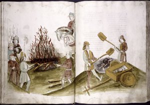 Jan Hus bruciato sul rogo il 6 luglio 1415 e le sue ceneri gettate nel Reno da: Cronaca del Concilio di Ulrich Richental, 1414-1418