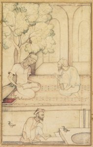 Kabir e due seguaci su una terrazza recto, Calligrafia verso, c. 1610-1620
