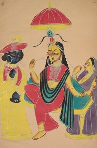 Krishna in piedi accanto a Radha seduta su una sedia, 1800s