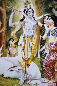 Krishna e le Gopi come raffigurato su un calendario Hare Krishna, Londra, Regno Unito