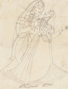 Krishna vestito da donna abbraccia Radha, XIX secolo da Unbekannt