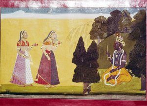 Krishna con flauto, avvicinato da due donne