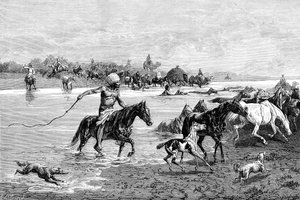 Kirghisi che attraversano un fiume, Kirghizistan, 1895