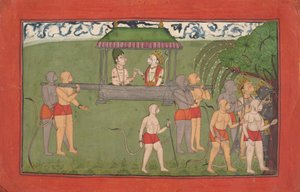 Lakshmana e Sugriva portati in palanchino per ricevere le benedizioni di Rama, ca. 1710-25