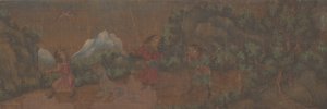 Dipinto di paesaggio con figura in ambientazione boschiva