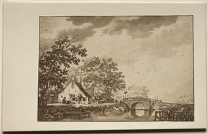 Paesaggio con cottage e ponte, 1700 da Unbekannt