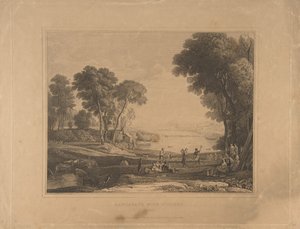 Paesaggio con figure dopo Il matrimonio di Isacco e Rebecca, 1648, pubblicato 1830 da Unbekannt