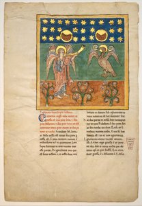 Foglio da un manoscritto di Beatus: il quarto angelo suona la tromba e un