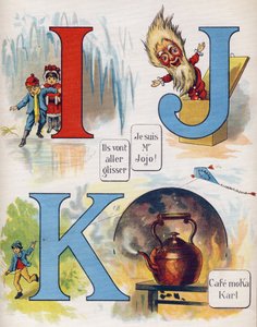 Lettere I, J e K: Stanno per scivolare, Io sono Mr. Jojo e il caffè Moka Karl. Incisione in "ABC L